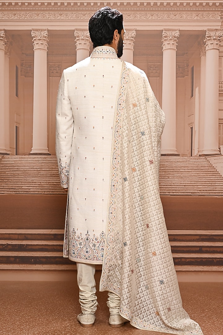 Ivory Matka Silk Threadwork Groom Sherwani Set by Tarun Tahiliani Men at Pernia's Pop Up Shop