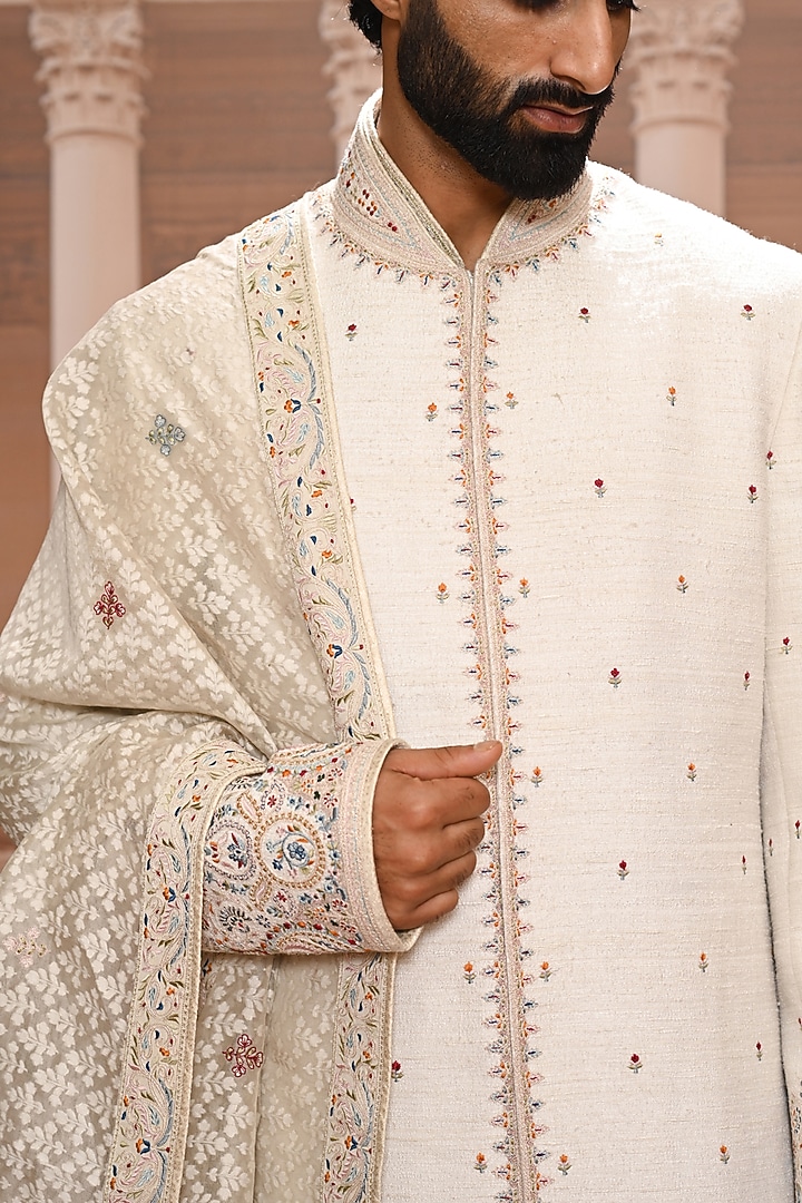 Ivory Matka Silk Threadwork Groom Sherwani Set by Tarun Tahiliani Men at Pernia's Pop Up Shop