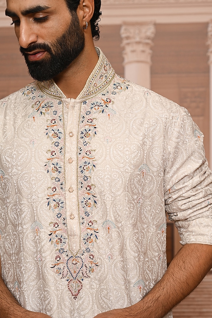 Ivory Matka Silk Threadwork Groom Sherwani Set by Tarun Tahiliani Men at Pernia's Pop Up Shop