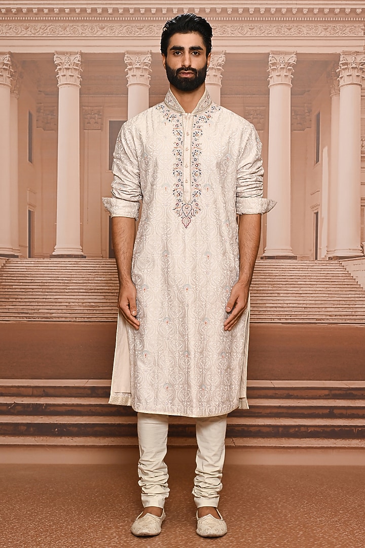 Ivory Matka Silk Threadwork Groom Sherwani Set by Tarun Tahiliani Men at Pernia's Pop Up Shop