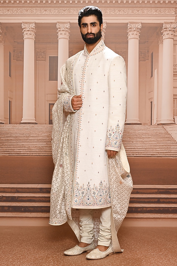 Ivory Matka Silk Threadwork Groom Sherwani Set by Tarun Tahiliani Men at Pernia's Pop Up Shop