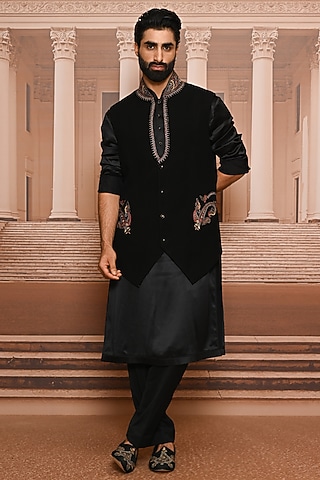 Black Japanese Crepe Embroidered Waistcoat Set by Tarun Tahiliani Men