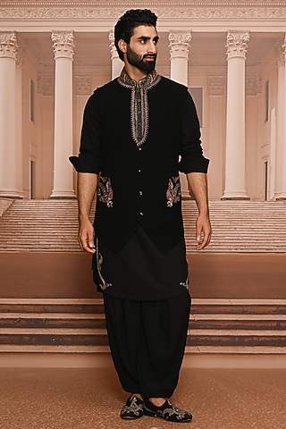 Black Japanese Crepe Hand Embroidered Waistcoat Set by Tarun Tahiliani Men