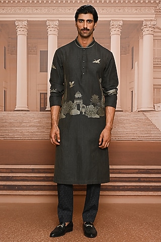 Charcoal Dupion Silk Digital Printed Kurta Set by Tarun Tahiliani Men