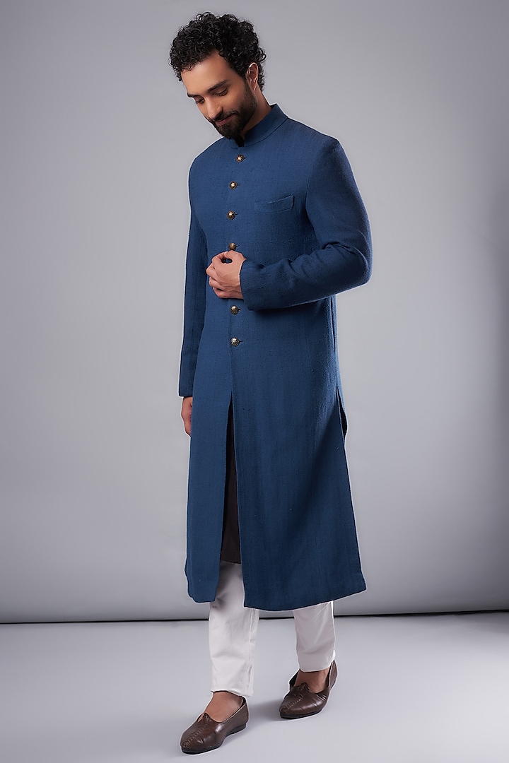 Navy Blue Textured Matka Silk & Cotton Silk Sherwani Set by Tarun Tahiliani Men