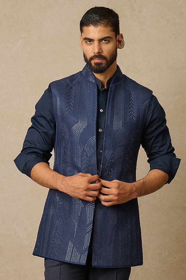 Midnight Blue Dupion Silk Embroidered Groom Indowestern Jacket by Tarun Tahiliani Men at Pernia's Pop Up Shop