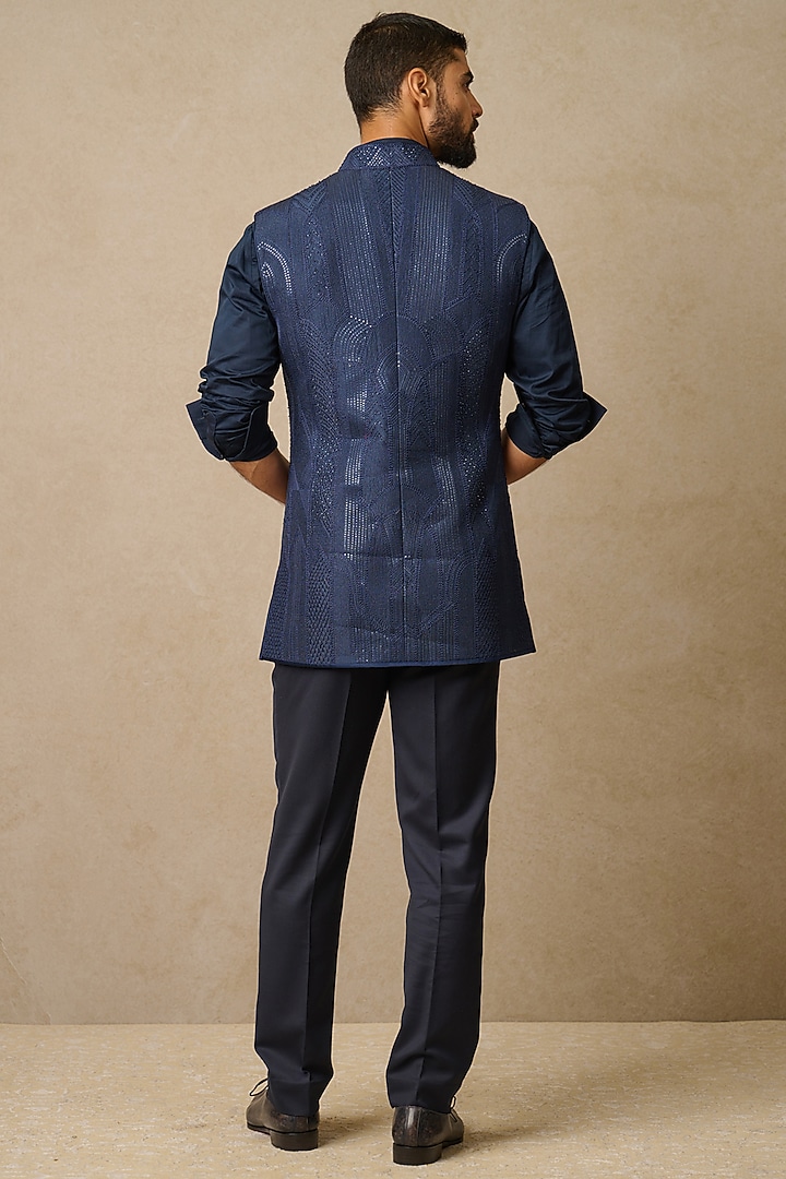 Midnight Blue Dupion Silk Embroidered Groom Indowestern Jacket by Tarun Tahiliani Men at Pernia's Pop Up Shop
