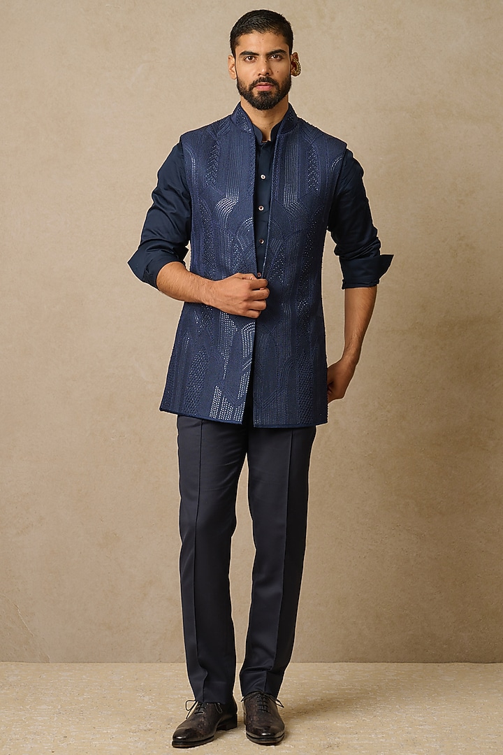 Midnight Blue Dupion Silk Embroidered Groom Indowestern Jacket by Tarun Tahiliani Men at Pernia's Pop Up Shop