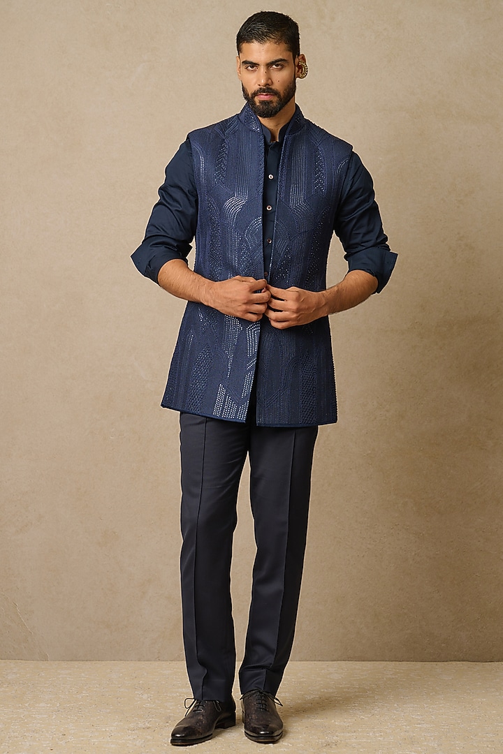 Midnight Blue Dupion Silk Embroidered Groom Indowestern Jacket by Tarun Tahiliani Men at Pernia's Pop Up Shop