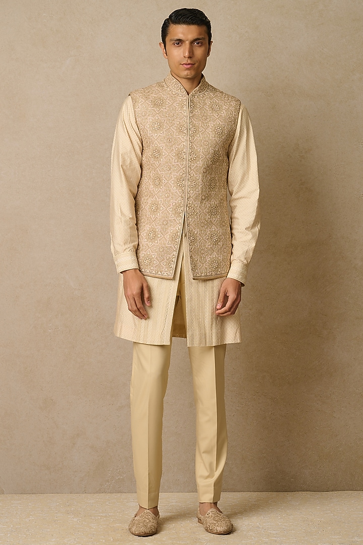 Beige Georgette Printed & Embroidered Waistcoat by Tarun Tahiliani Men at Pernia's Pop Up Shop
