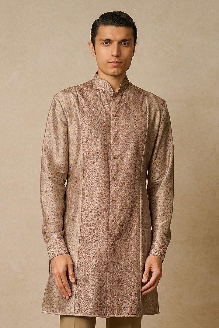 Mauve Dupion Silk & Suiting Embroidered Kurta Set by Tarun Tahiliani Men at Pernia's Pop Up Shop