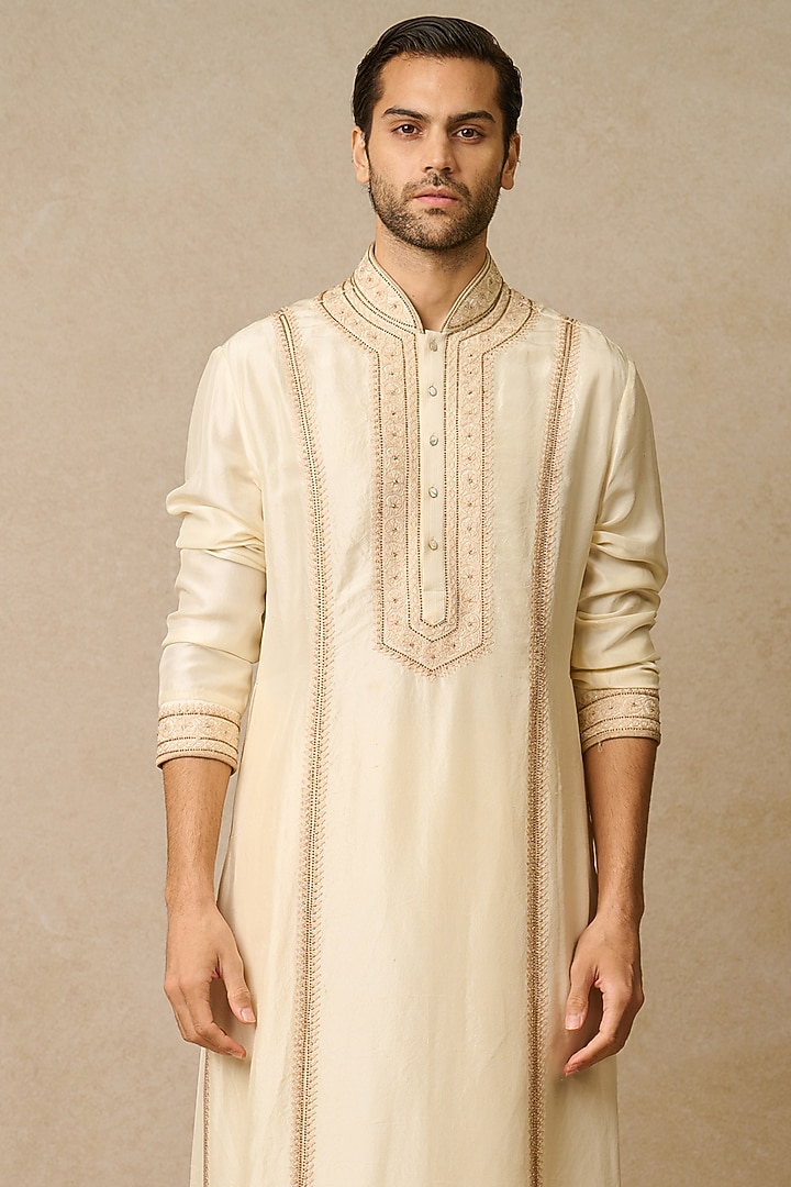 Ivory Dupion Silk & Poplin Embroidered Kurta Set by Tarun Tahiliani Men at Pernia's Pop Up Shop
