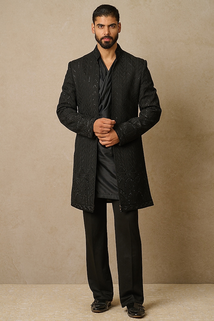 Black Heavy Georgette & Suiting Fabric Embroidered Indowestern Set by Tarun Tahiliani Men