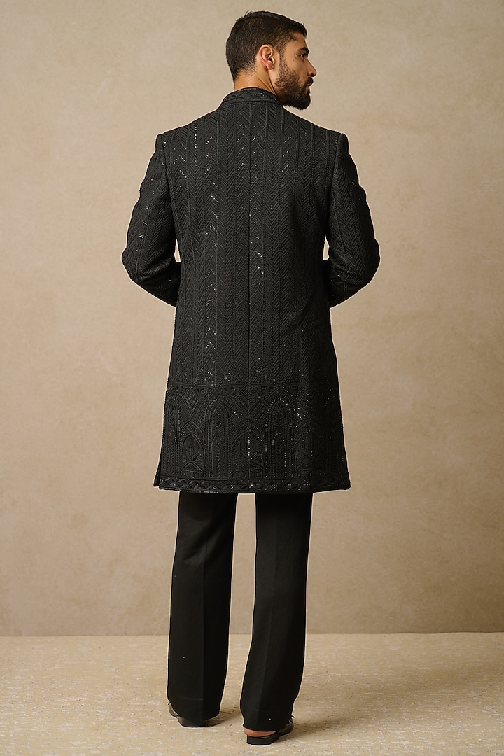 Black Heavy Georgette & Suiting Fabric Embroidered Groom Indowestern Set by Tarun Tahiliani Men at Pernia's Pop Up Shop