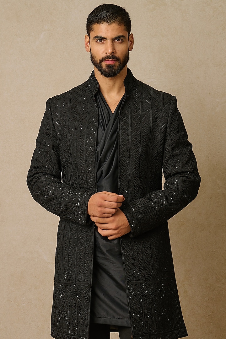 Black Heavy Georgette & Suiting Fabric Embroidered Groom Indowestern Set by Tarun Tahiliani Men at Pernia's Pop Up Shop