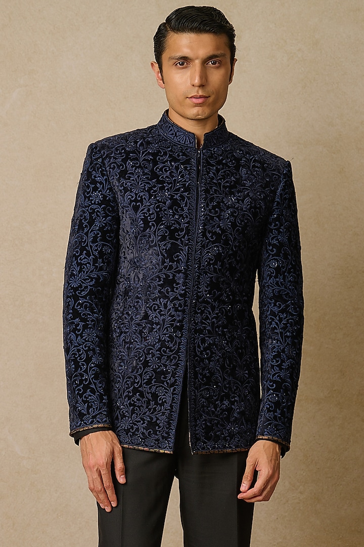 Buy Tarun Tahiliani Men Navy Blue Velvet & Suiting Fabric Embroidered ...