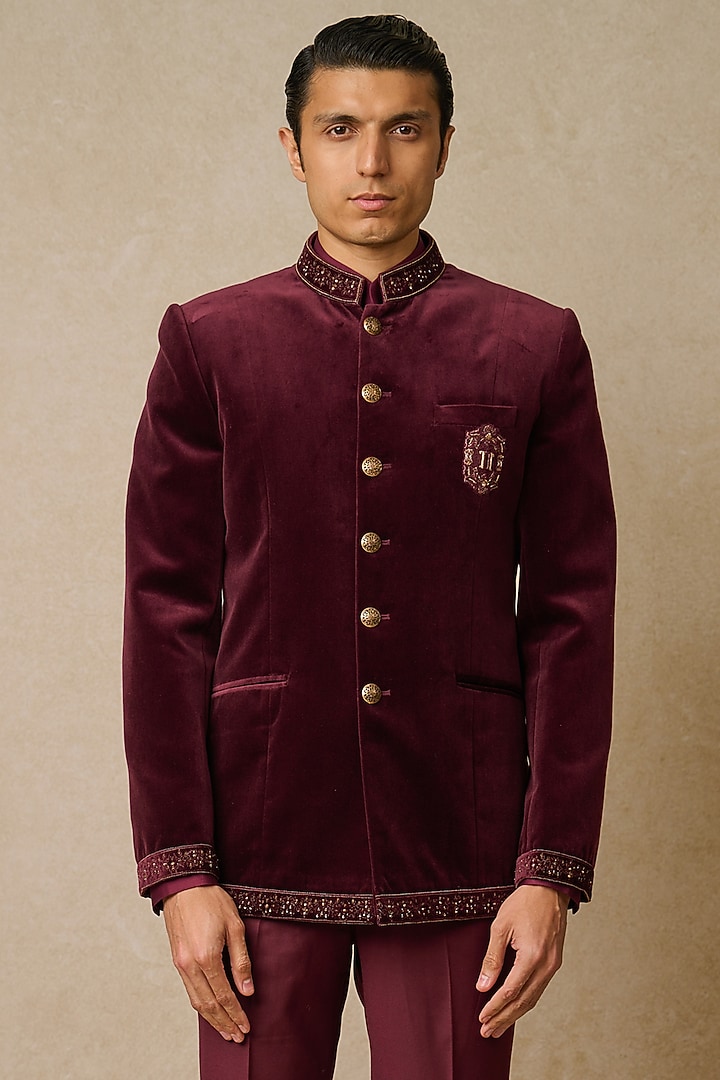 Wine Cotton Velvet & Cotton Satin Embroidered Groom Bandhgala Set by Tarun Tahiliani Men at Pernia's Pop Up Shop