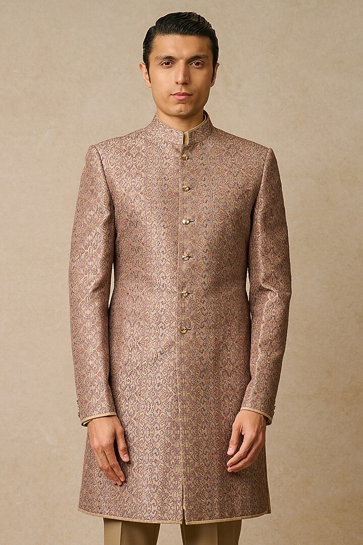 Mauve Dupion Silk Embroidered & Printed Groom Sherwani Set by Tarun Tahiliani Men at Pernia's Pop Up Shop