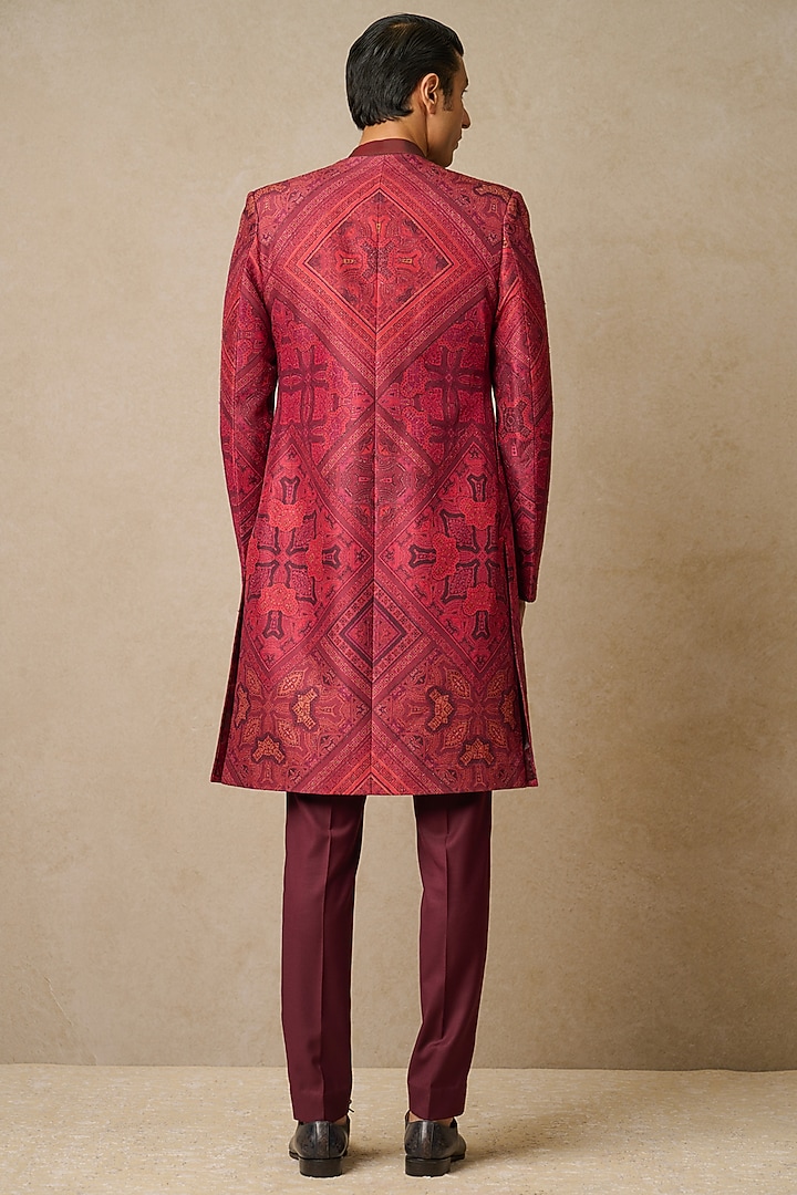 Wine Spun Silk & Dupion Silk Printed Groom Indowestern Set by Tarun Tahiliani Men at Pernia's Pop Up Shop