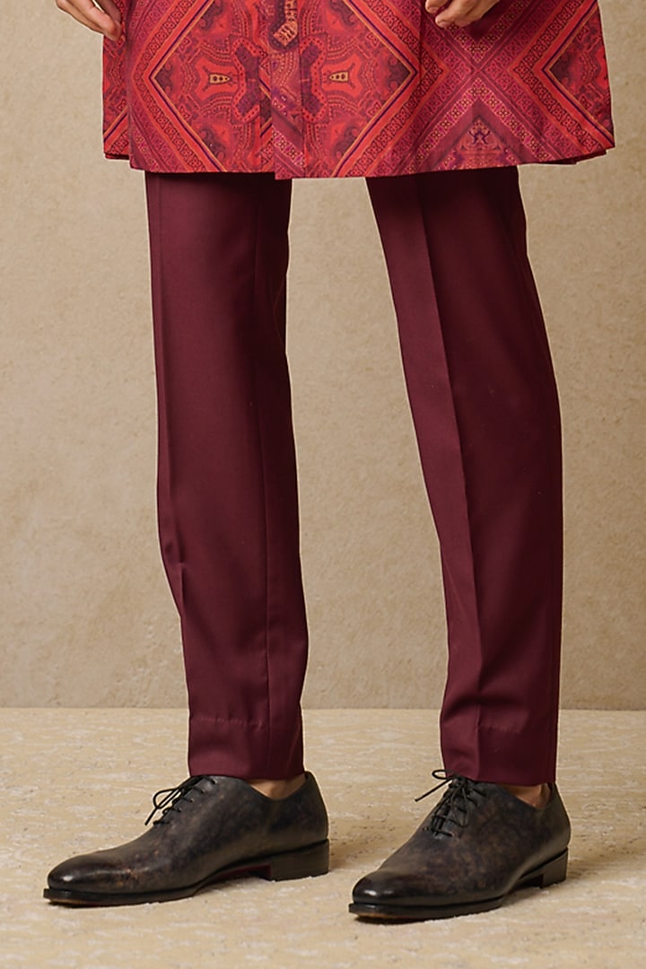 Wine Spun Silk & Dupion Silk Printed Groom Indowestern Set by Tarun Tahiliani Men at Pernia's Pop Up Shop
