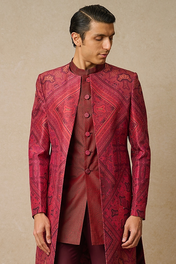 Wine Spun Silk & Dupion Silk Printed Groom Indowestern Set by Tarun Tahiliani Men at Pernia's Pop Up Shop