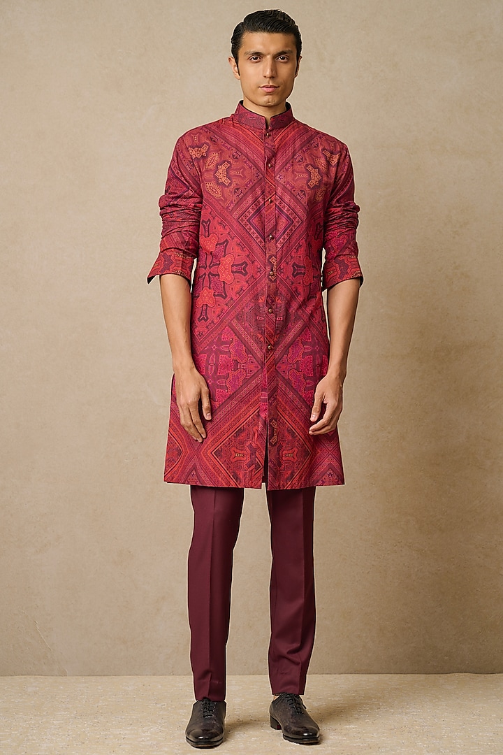 Wine Spun Silk & Dupion Silk Printed Groom Indowestern Set by Tarun Tahiliani Men at Pernia's Pop Up Shop