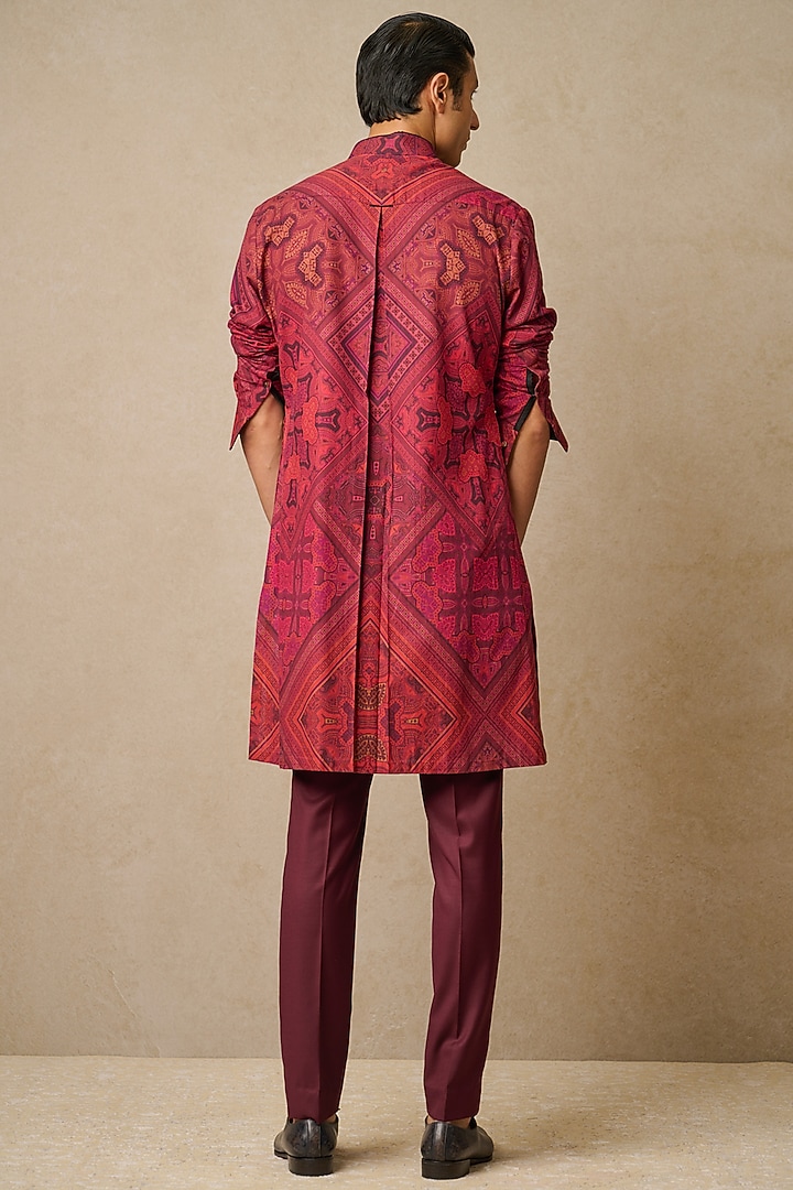 Wine Spun Silk & Dupion Silk Printed Groom Indowestern Set by Tarun Tahiliani Men at Pernia's Pop Up Shop