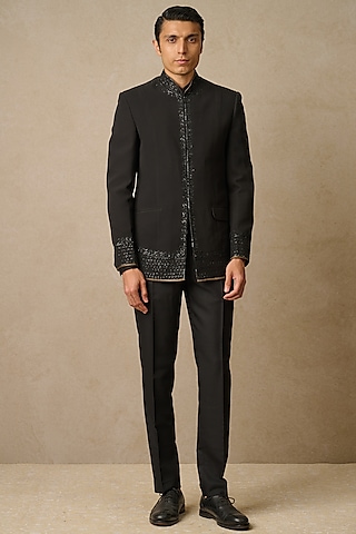 Black Poplin & Georgette Embroidered Bandhgala Set by Tarun Tahiliani Men