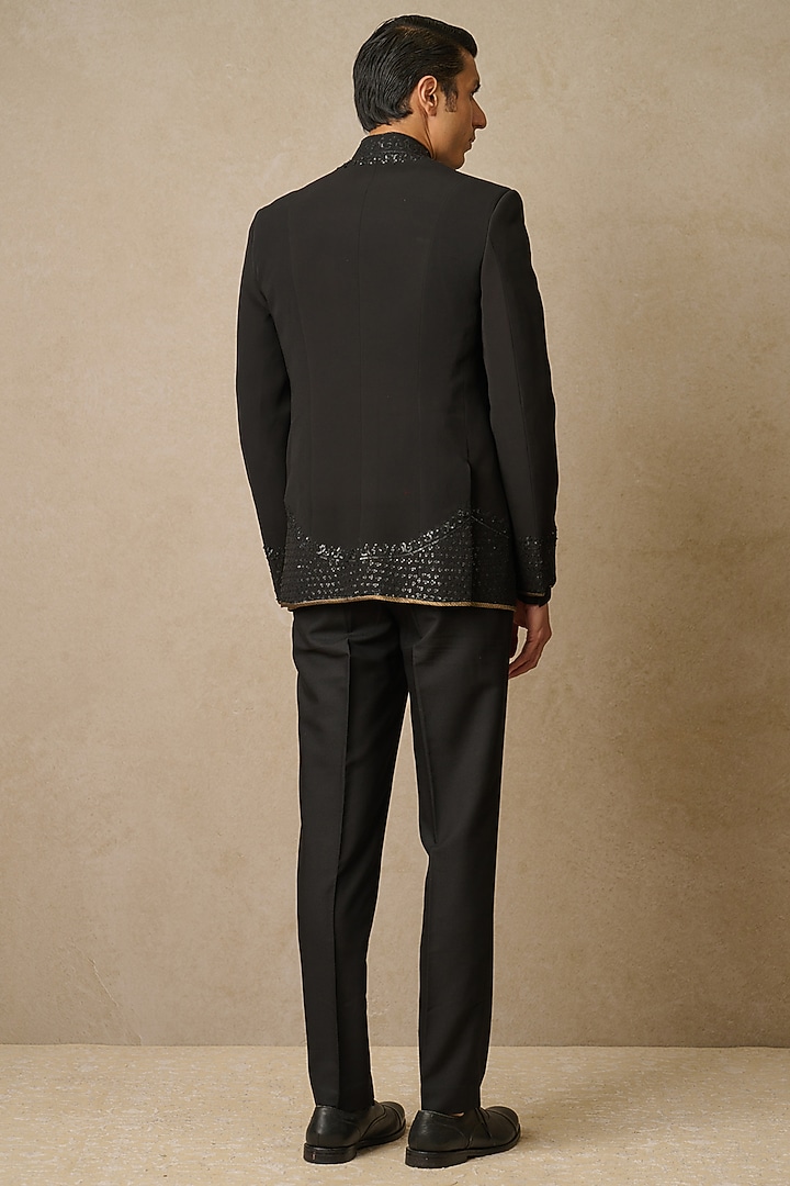Black Poplin & Georgette Embroidered Groom Bandhgala Set by Tarun Tahiliani Men at Pernia's Pop Up Shop