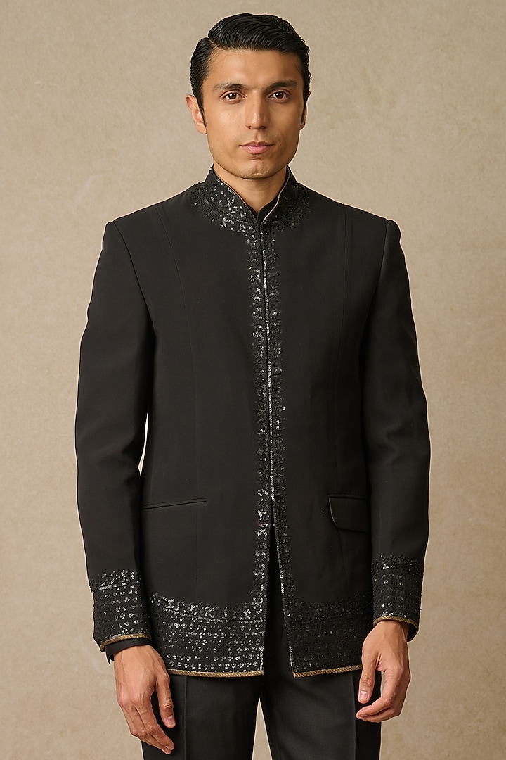 Black Poplin & Georgette Embroidered Groom Bandhgala Set by Tarun Tahiliani Men at Pernia's Pop Up Shop