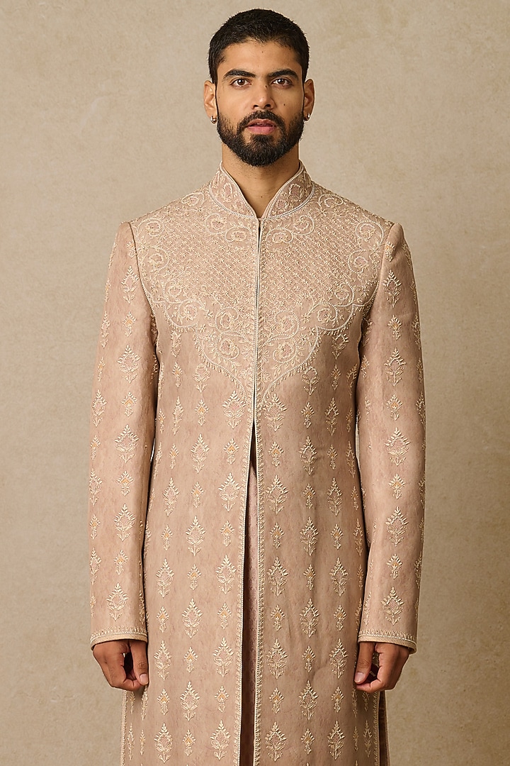 Oyster Pink Georgette & Jacquard Embroidered Groom Sherwani Set by Tarun Tahiliani Men at Pernia's Pop Up Shop