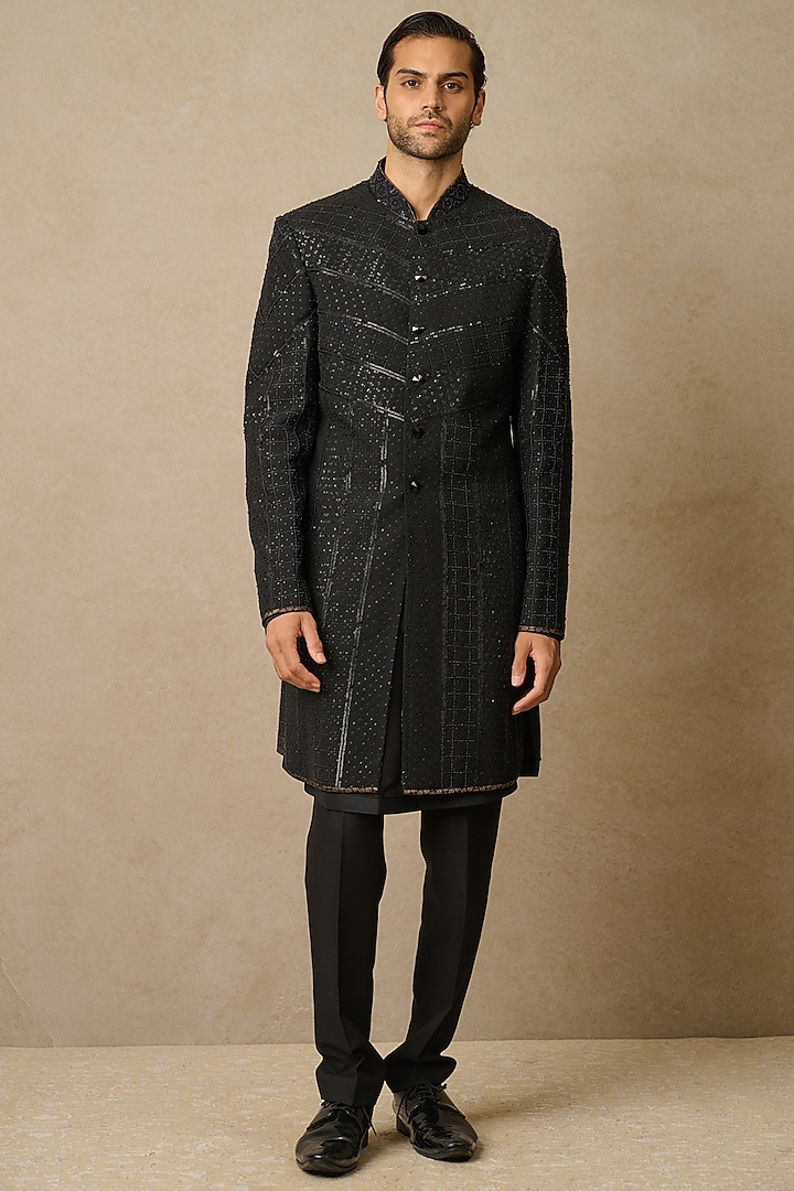 Black Dupion Silk & Suiting Fabric Embroidered Sherwani Set by Tarun Tahiliani Men