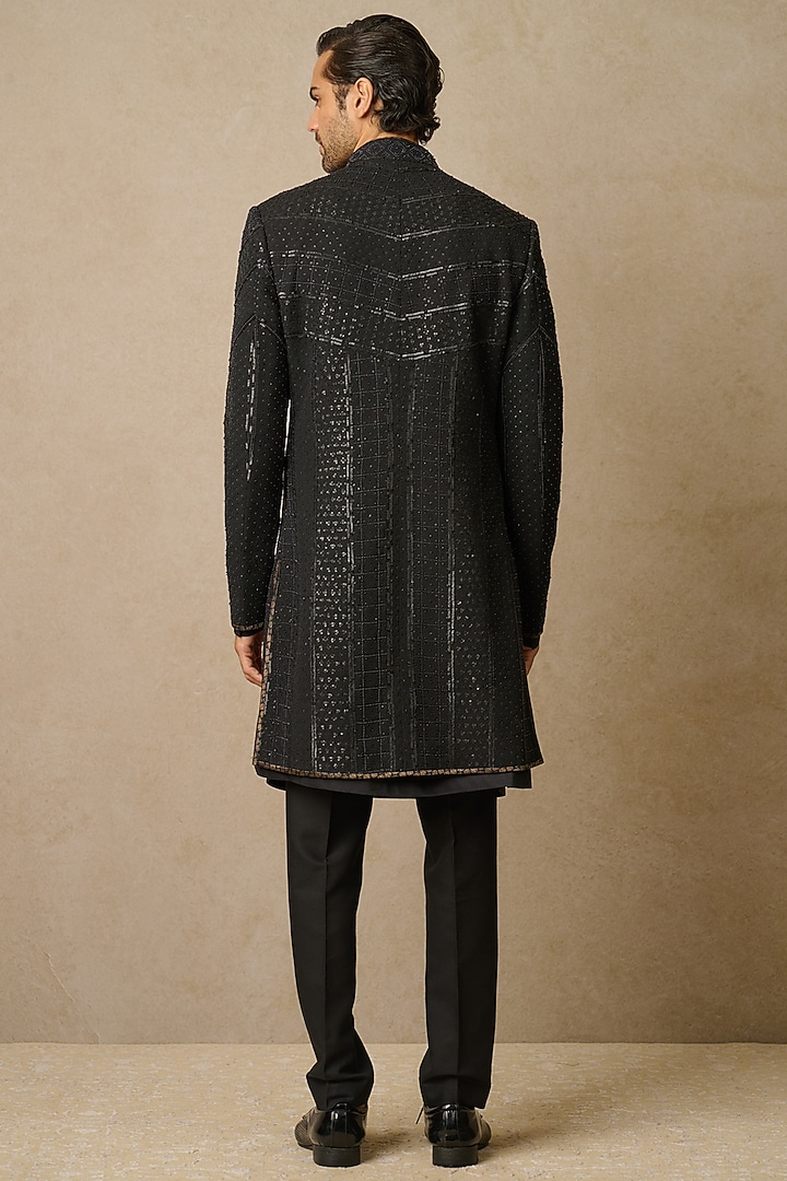 Black Dupion Silk & Suiting Fabric Embroidered Groom Sherwani Set by Tarun Tahiliani Men at Pernia's Pop Up Shop
