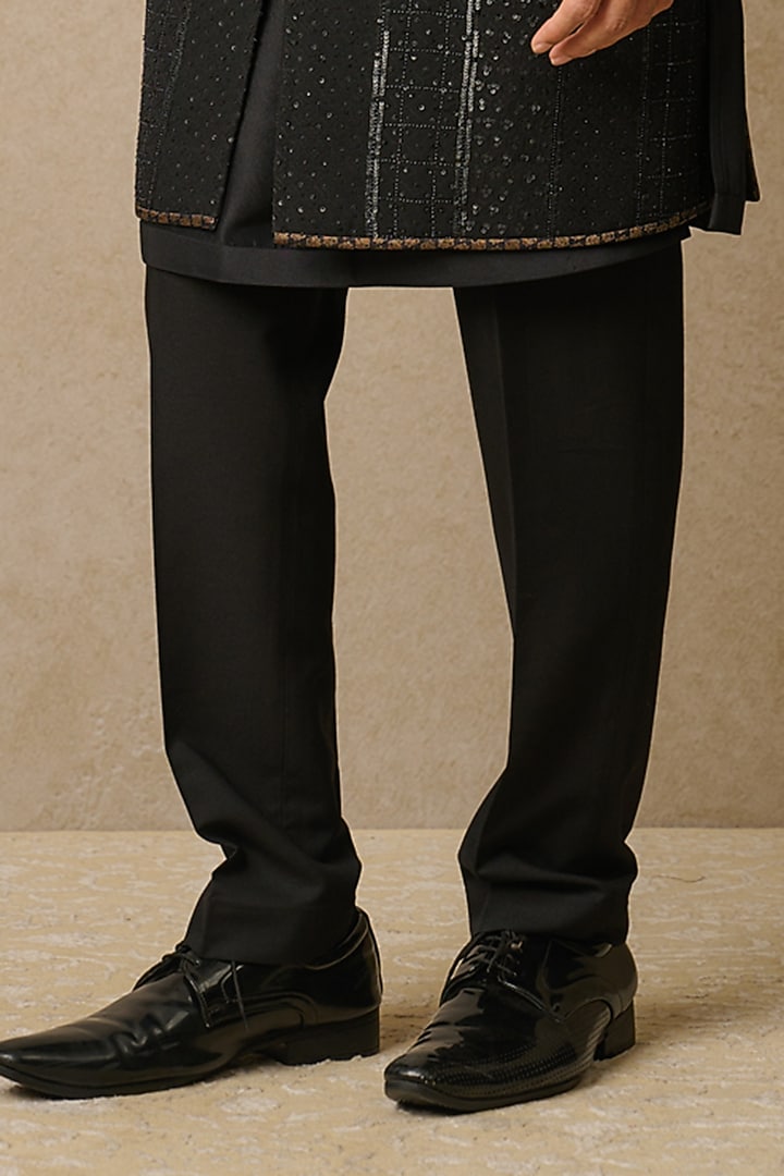 Black Dupion Silk & Suiting Fabric Embroidered Groom Sherwani Set by Tarun Tahiliani Men at Pernia's Pop Up Shop