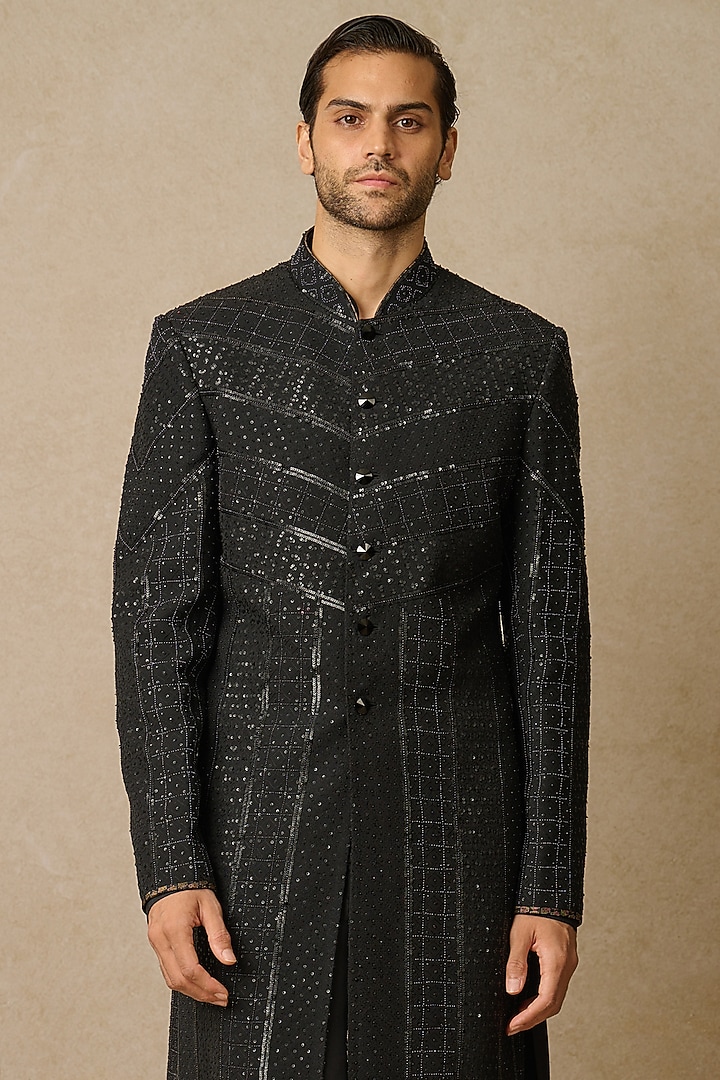 Black Dupion Silk & Suiting Fabric Embroidered Groom Sherwani Set by Tarun Tahiliani Men at Pernia's Pop Up Shop