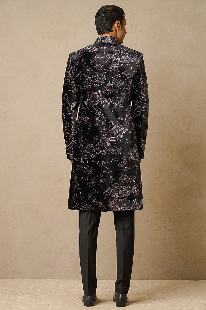Black Velvet & Suiting Fabric Printed Groom Sherwani Set by Tarun Tahiliani Men at Pernia's Pop Up Shop