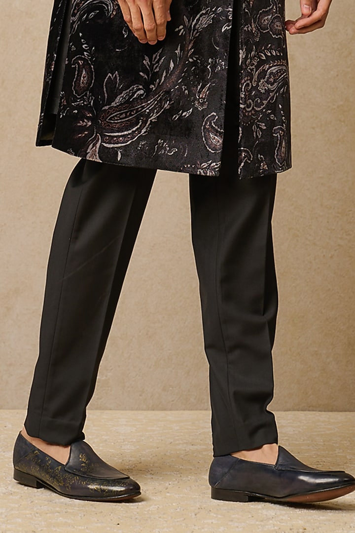 Black Velvet & Suiting Fabric Printed Groom Sherwani Set by Tarun Tahiliani Men at Pernia's Pop Up Shop
