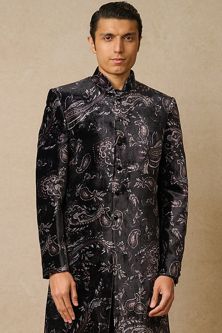 Black Velvet & Suiting Fabric Printed Groom Sherwani Set by Tarun Tahiliani Men at Pernia's Pop Up Shop