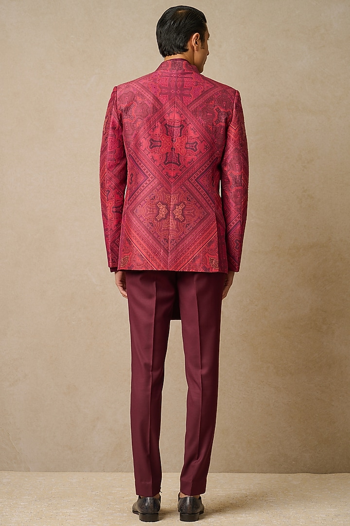 Wine Cotton Satin & Dupion Silk Printed Groom Indowestern Jacket Set by Tarun Tahiliani Men at Pernia's Pop Up Shop