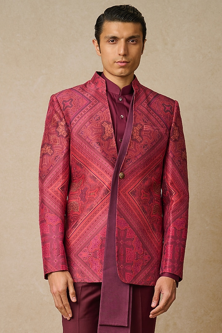 Wine Cotton Satin & Dupion Silk Printed Groom Indowestern Jacket Set by Tarun Tahiliani Men at Pernia's Pop Up Shop