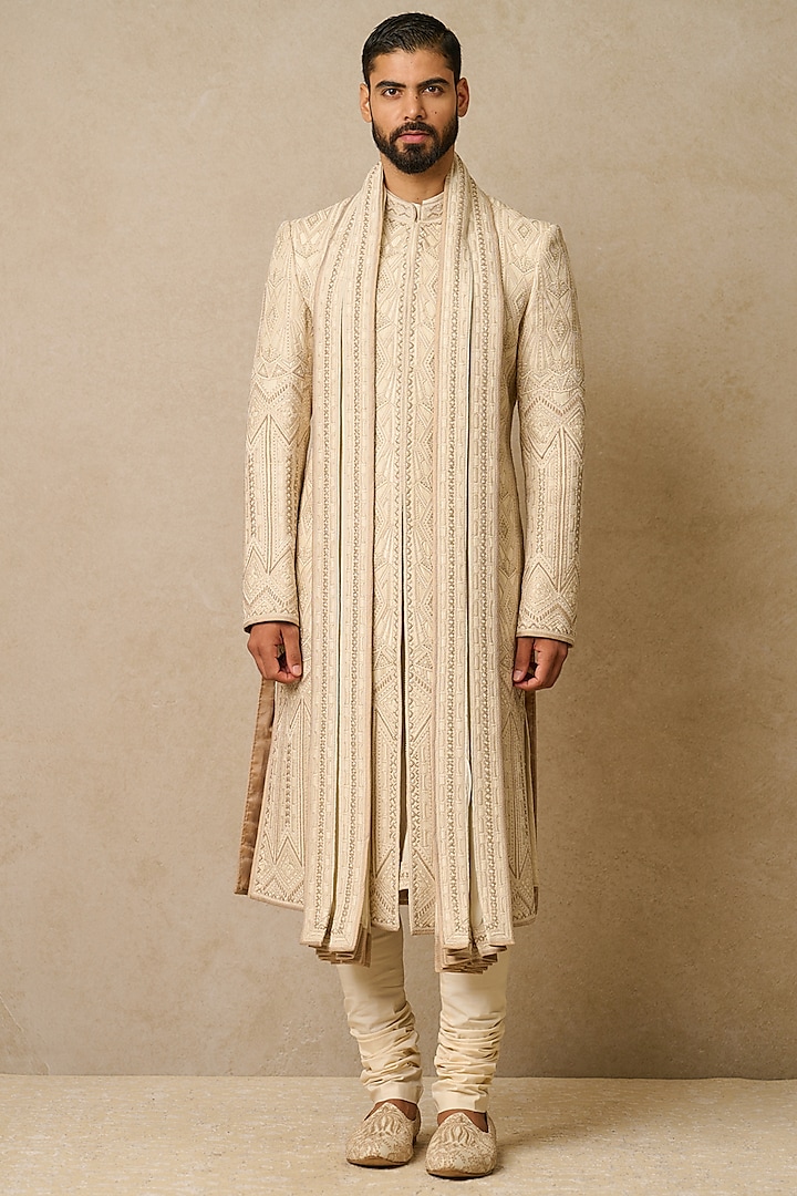 Ivory Raw Silk & Jacquard Embroidered Sherwani Set by Tarun Tahiliani Men