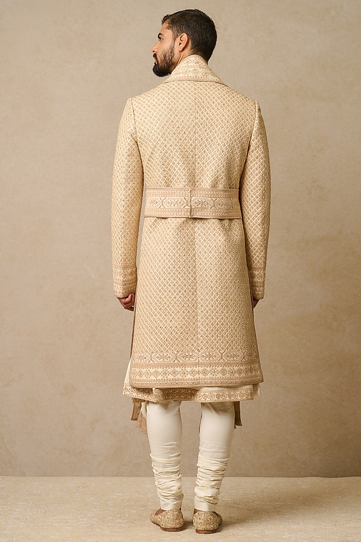 Ivory Dupion Silk & Jacquard Embroidered Groom Sherwani Set by Tarun Tahiliani Men at Pernia's Pop Up Shop