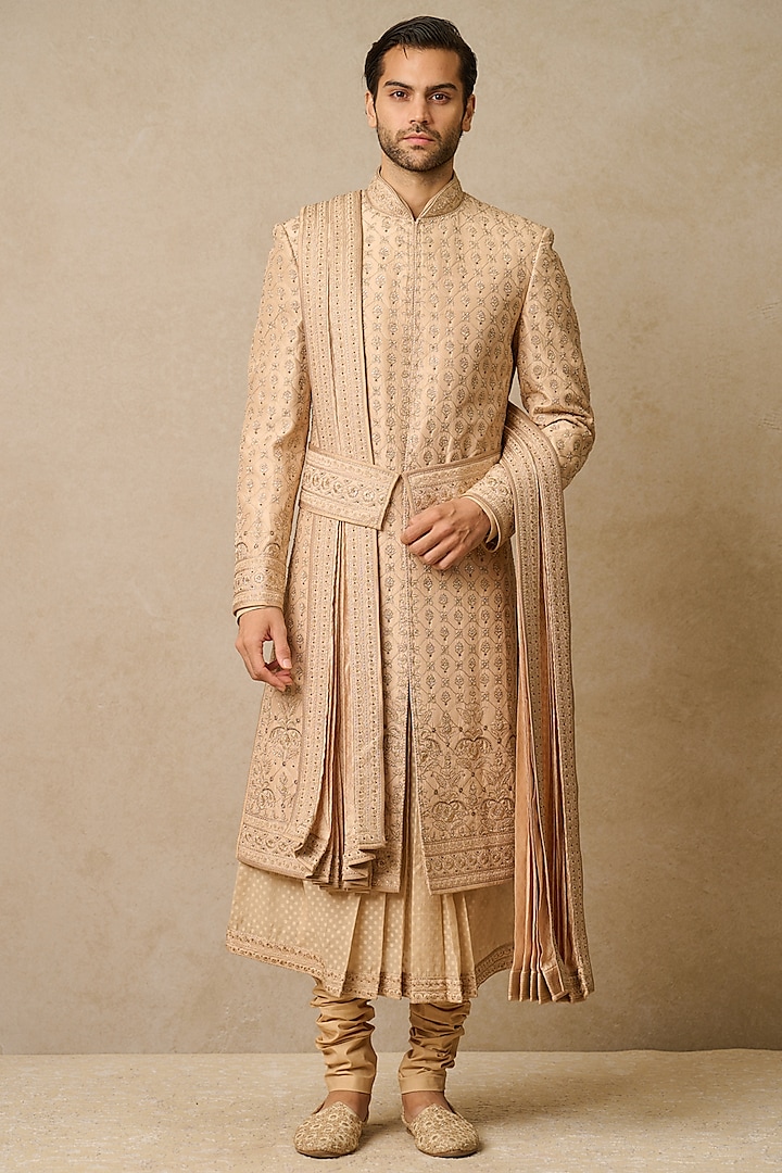 Gold Dupion Silk Embellished Sherwani Set by Tarun Tahiliani Men