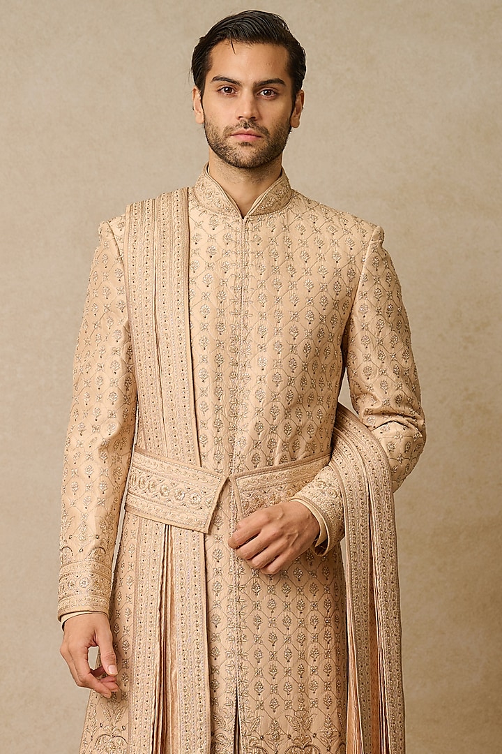 Gold Dupion Silk Embellished Groom Sherwani Set by Tarun Tahiliani Men at Pernia's Pop Up Shop