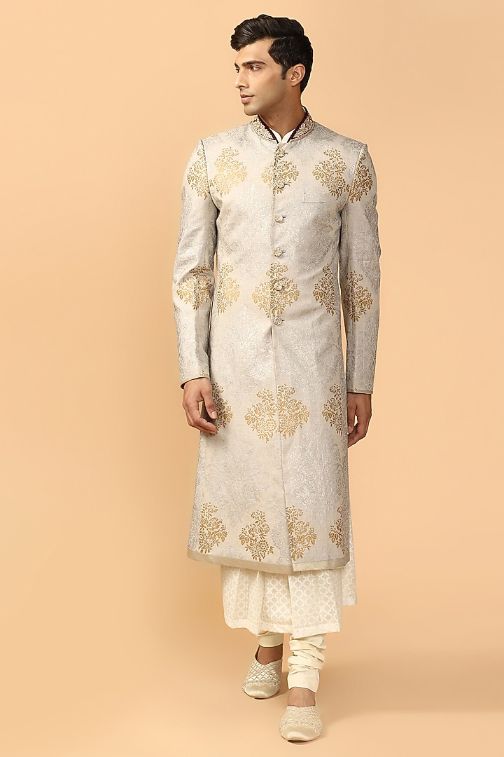 Grey Printed Groom Sherwani Set by Tarun Tahiliani Men at Pernia's Pop Up Shop