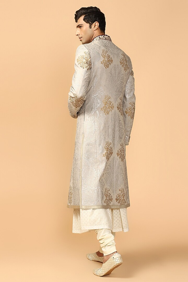 Grey Printed Groom Sherwani Set by Tarun Tahiliani Men at Pernia's Pop Up Shop