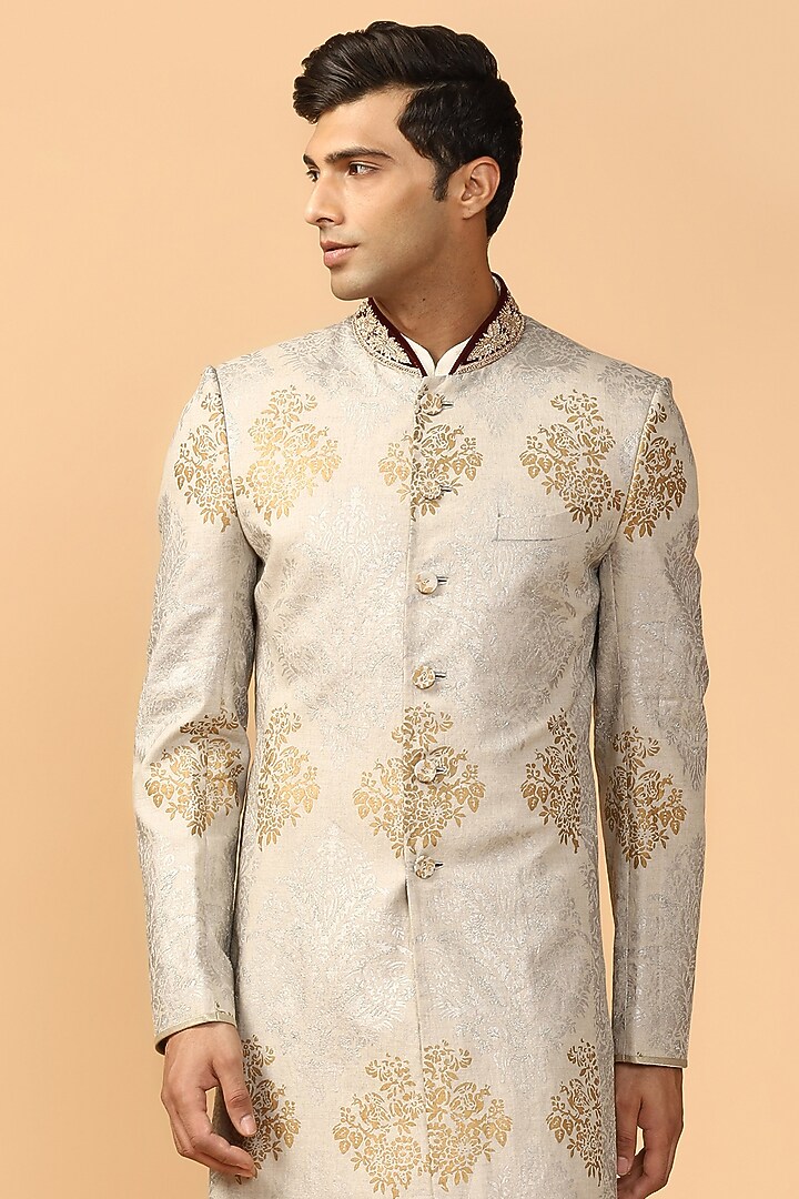 Grey Printed Groom Sherwani Set by Tarun Tahiliani Men at Pernia's Pop Up Shop