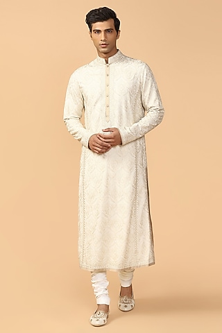 Peach Embroidered Kurta Set by Tarun Tahiliani Men