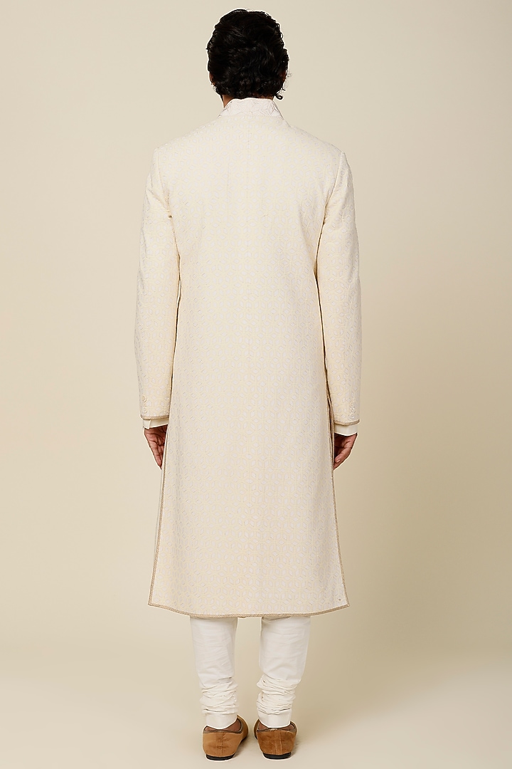 Cream Poplin Lycra Applique Jaal Embellished Groom Sherwani Set by Tarun Tahiliani Men at Pernia's Pop Up Shop