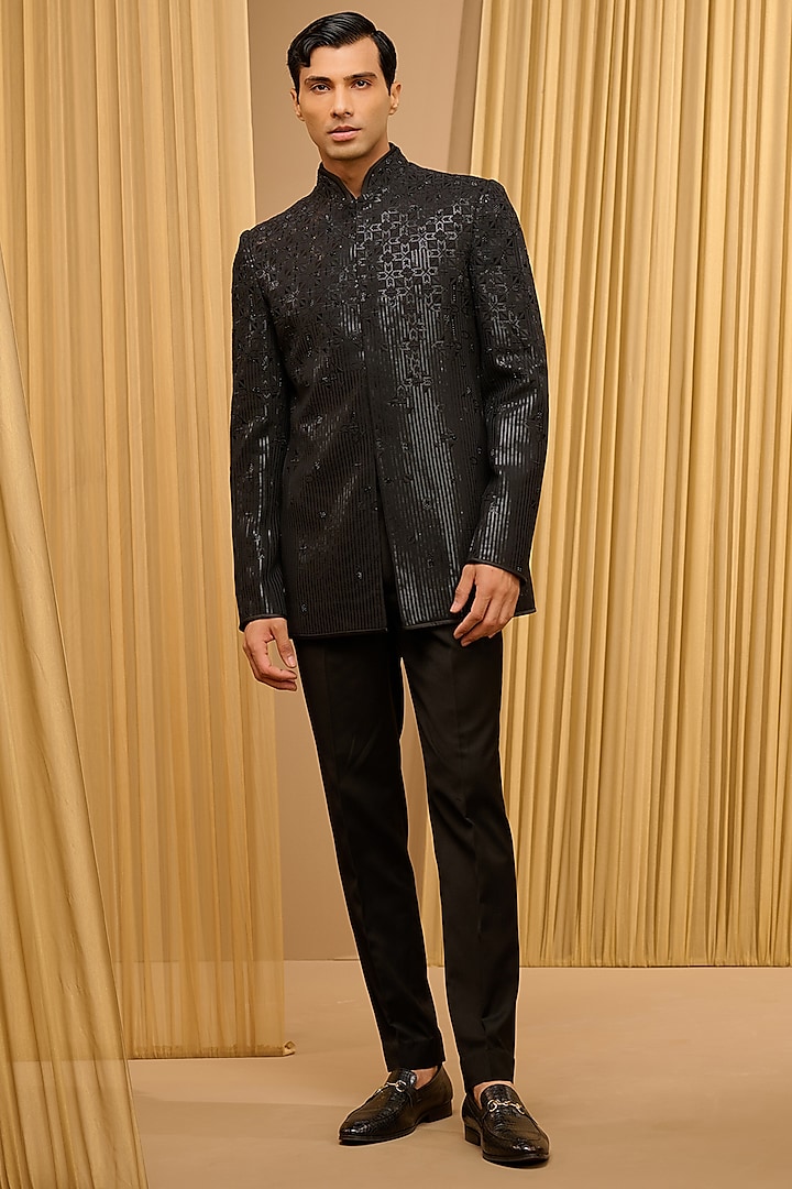 Black Silk Double Georgette Sequins Embroidered Bandhgala Set by Tarun Tahiliani Men